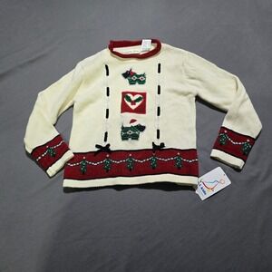 BT Kids Christmas Sweater Kids 6 Cream Scottie Dog Sequin Tree Vintage Style